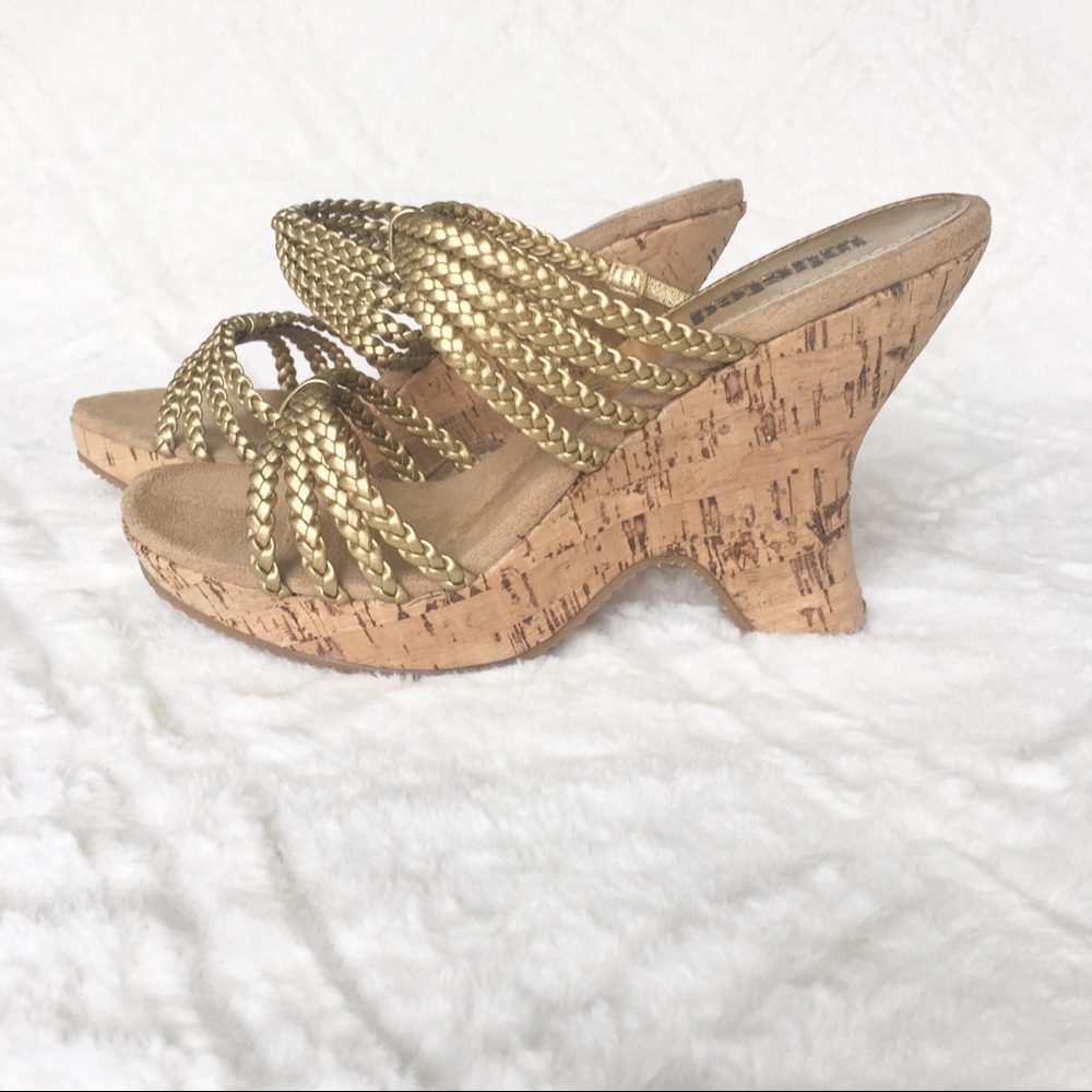 Vintage 2000’s Summer Gold Braided Cork Wedge Platform Slide Sandals - Sz.7
